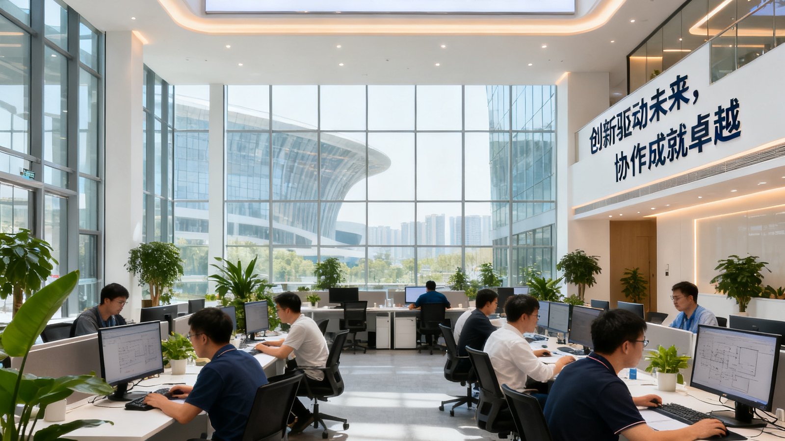 AGGAME中国区集团总部办公室实景照片，位于成都高新区环球中心，宽敞明亮的开放式办公区中悬挂着公司使命标语，数十名工程师正在协作开发