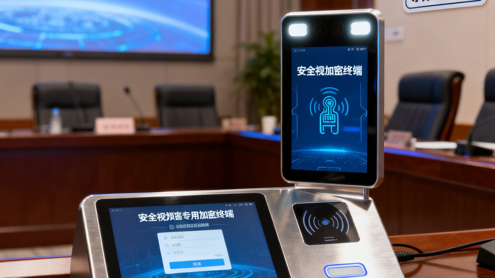 某金融机构的安全视频会议室实景，展示专用加密终端设备与生物识别登录界面，背景可见通过等保三级认证的安全标识