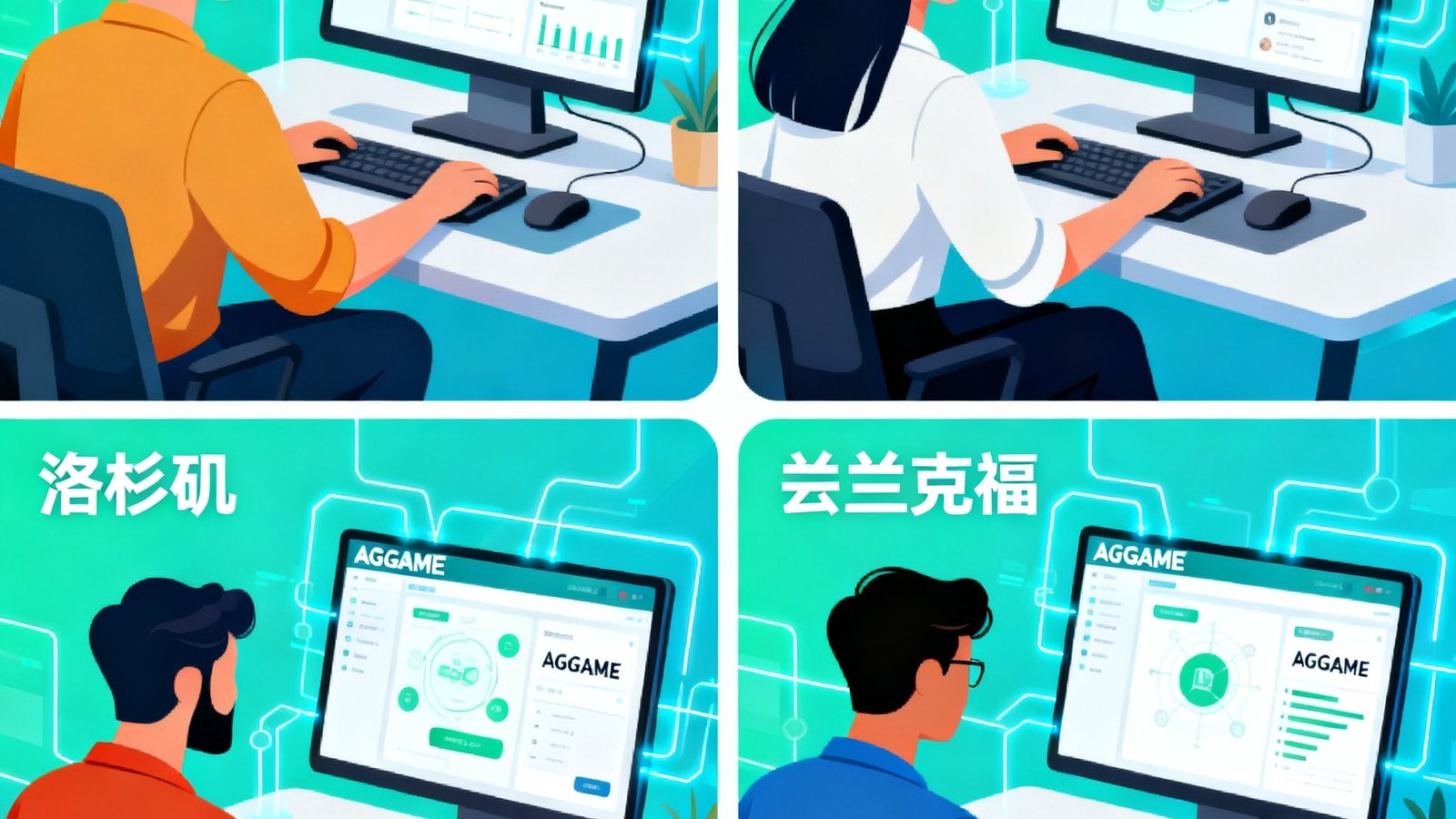 某跨境电商团队的全球协作场景，展示分布在深圳、杭州、洛杉矶和法兰克福的四地团队通过AGGAME进行实时协作的拼接画面
