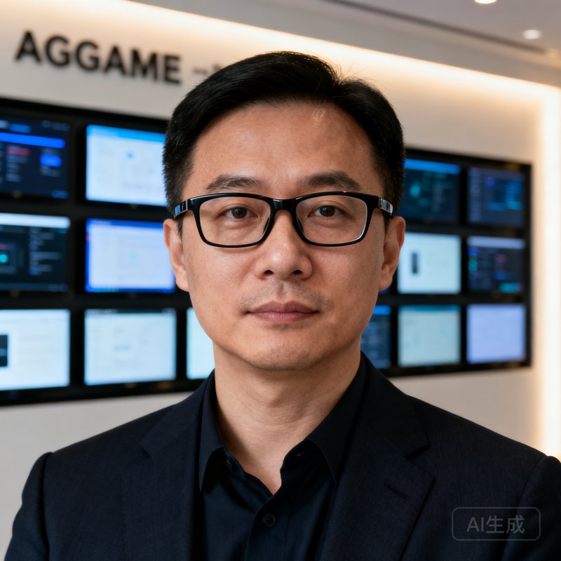 AGGAME创始人兼CEO林启明的职业肖像照，戴着黑框眼镜，背景为公司产品展示墙，展现出技术领导者的沉稳与远见