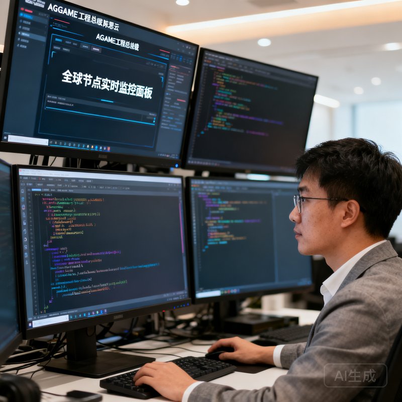 AGGAME工程副总裁陈思远的侧面工作照，他正在多台显示器前审查代码，屏幕上显示着全球节点实时监控面板